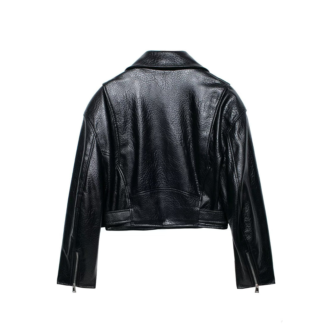 Damen Kurz geschnittene Biker-Lederjacke mit tailliertem Gürtel, asymmetrischer Reißverschluss und Strukturleder Drune