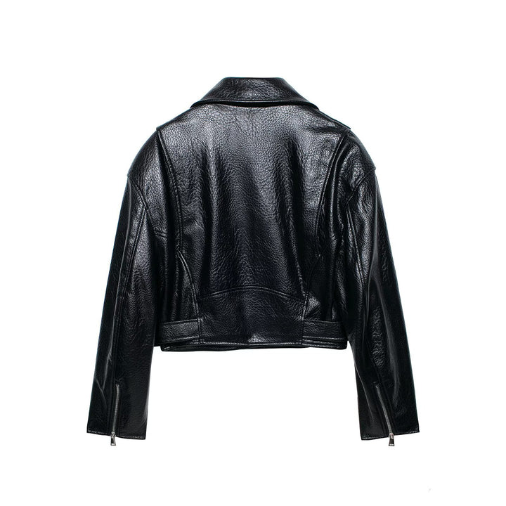 Damen Kurz geschnittene Biker-Lederjacke mit tailliertem Gürtel, asymmetrischer Reißverschluss und Strukturleder Drune