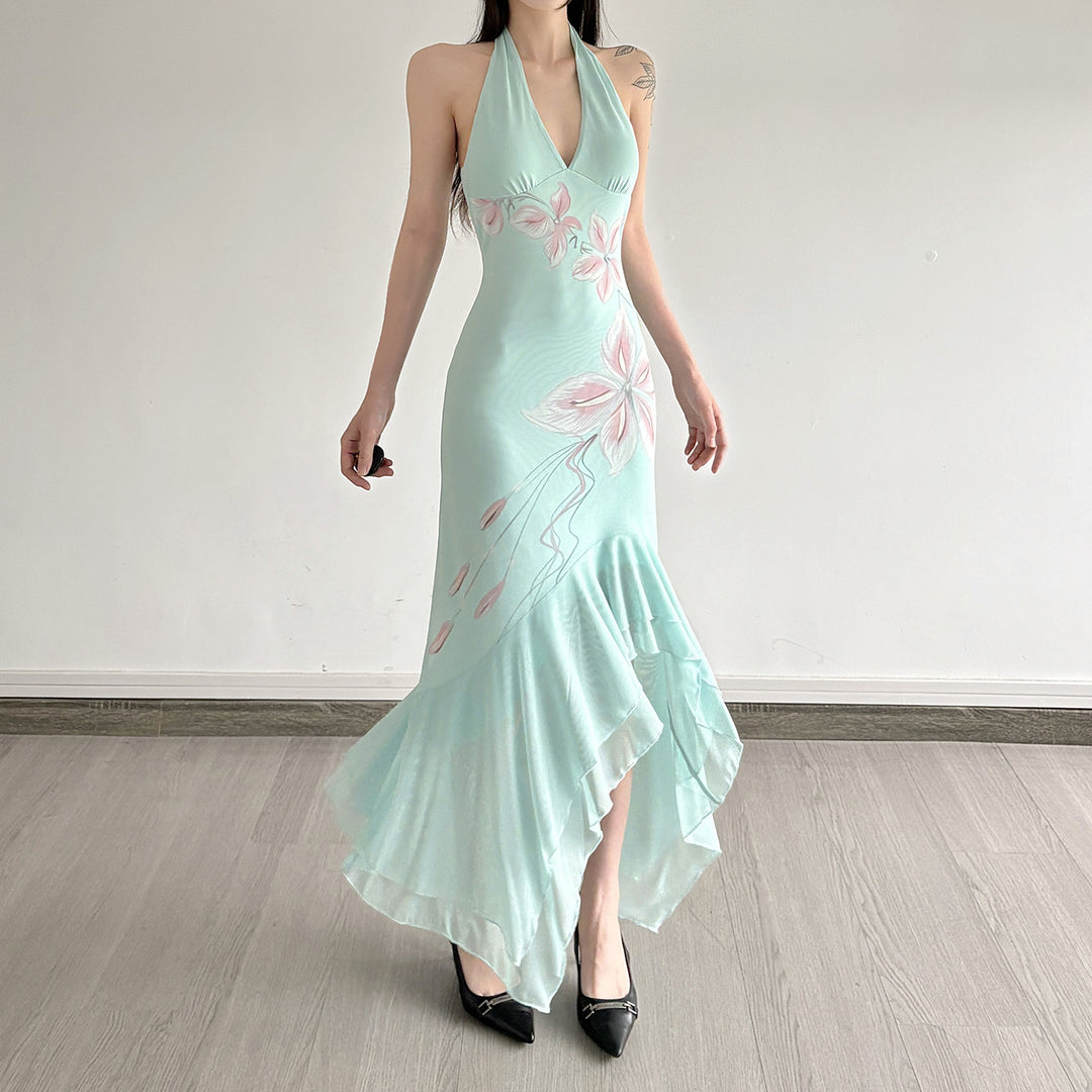 Damen Elegantes Maxikleid mit floralem Design und asymmetrischem Saum Drune