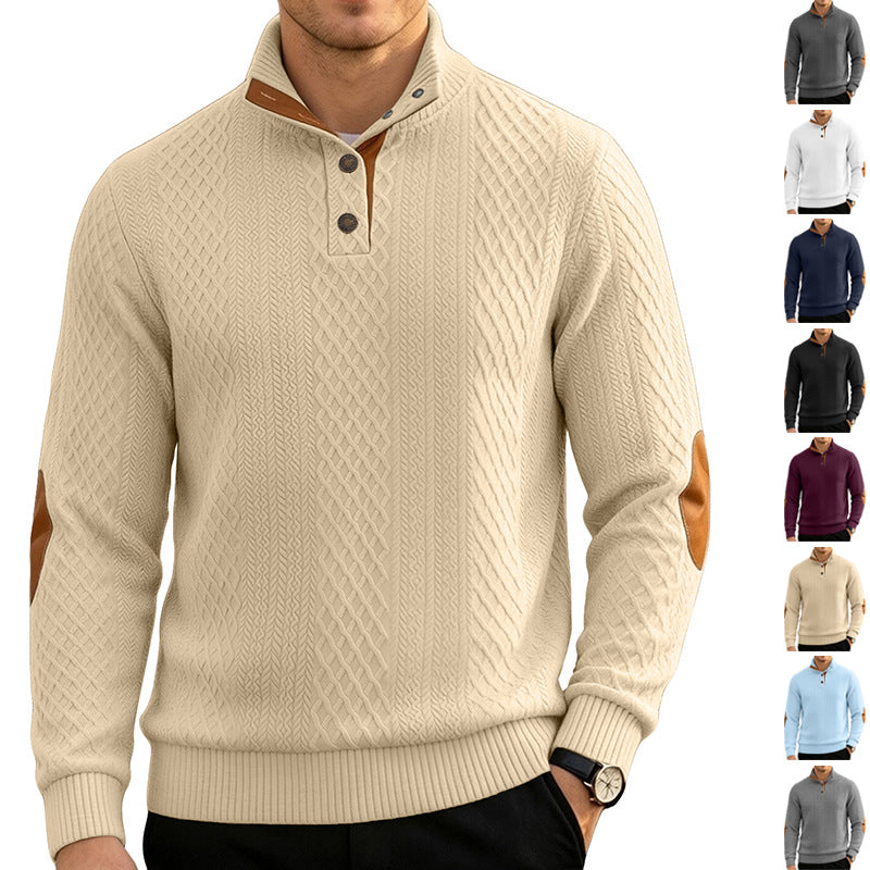 Herren Kabelstrick Troyer Pullover mit Stehkragen und Lederoptik-Ellbogen-Patches Drune