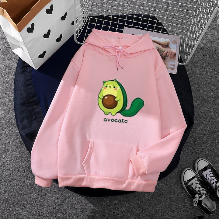 Damen nan Oversize-Fleecehoodie mit weichem Innenfutter, Kängurutasche und Avocato-Cartoonmotiv Drune