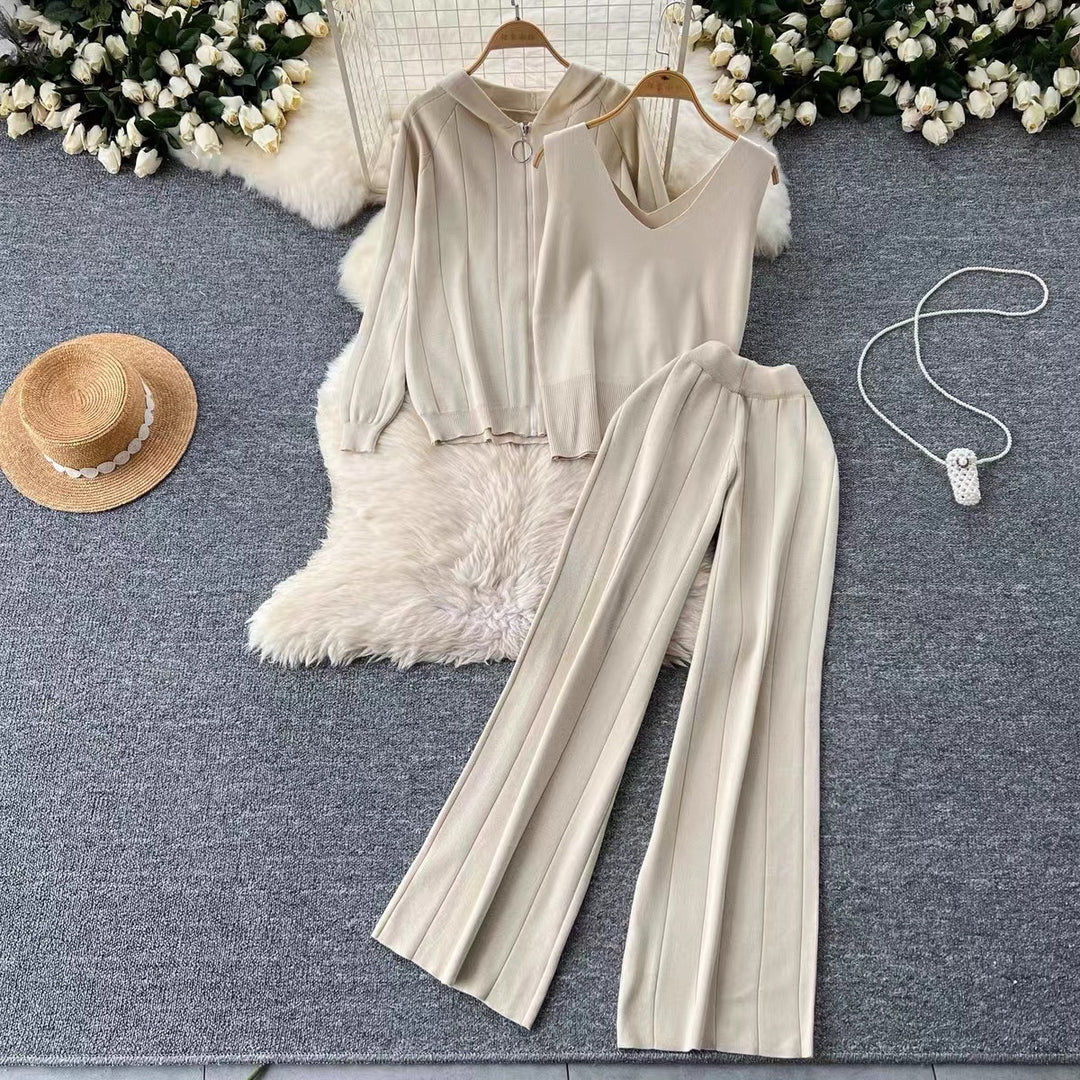 Damen modisches Strick-Loungewear-Set mit V-Ausschnitt und Kapuze Drune