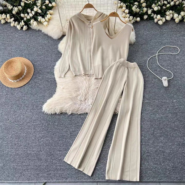 Damen modisches Strick-Loungewear-Set mit V-Ausschnitt und Kapuze Drune