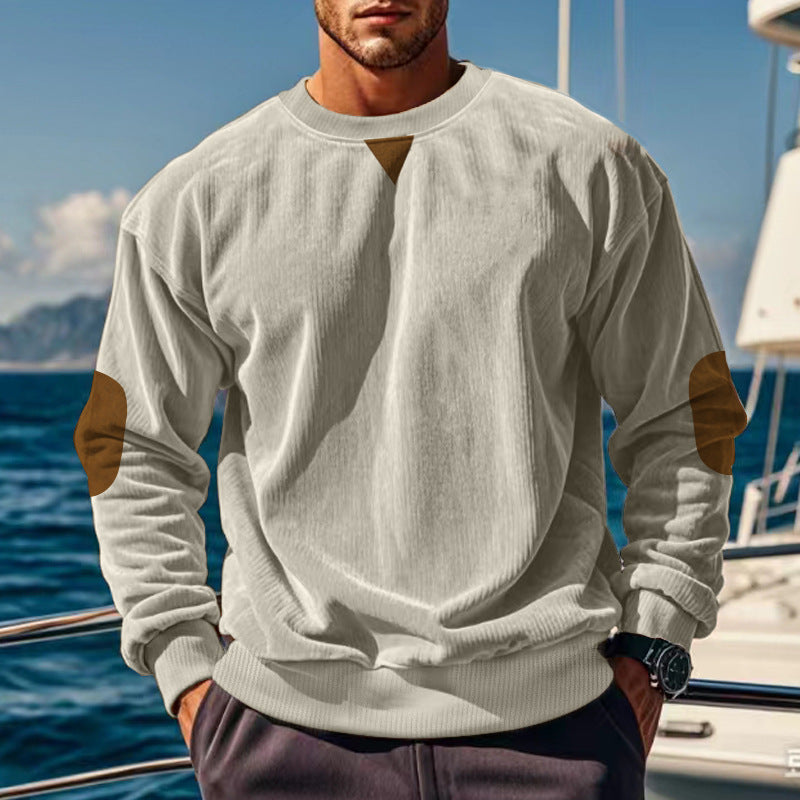 Herren nan gerippter Strickpullover mit Rundhalsausschnitt Ellbogen-Patches und Zierdreieck Drune