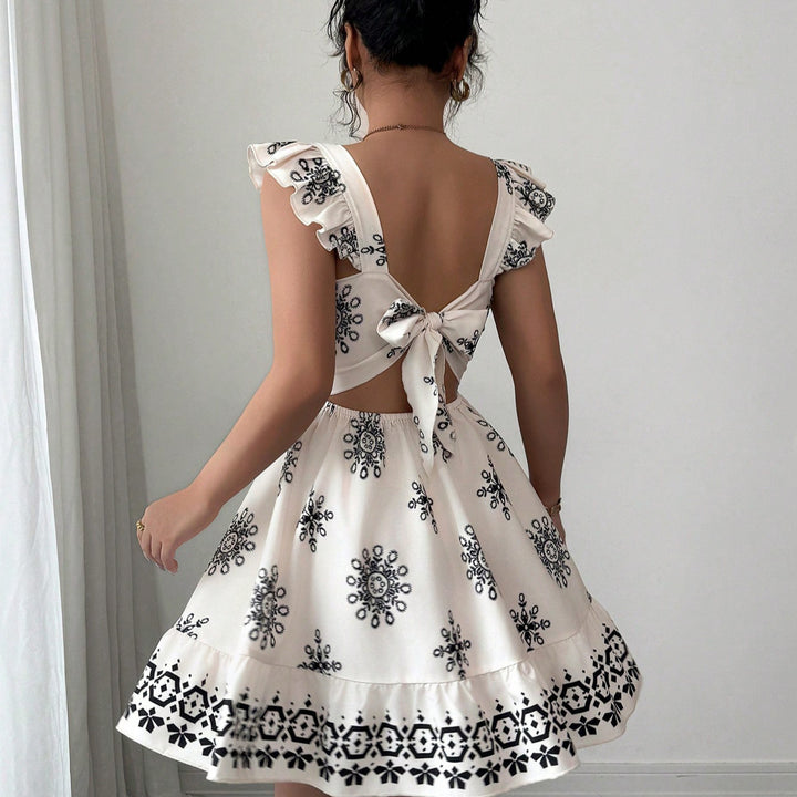 Damen Gestuftes Sommerkleid mit Quadrat-Ausschnitt, Rüschen-Trägern und bestickter A-Linie Drune