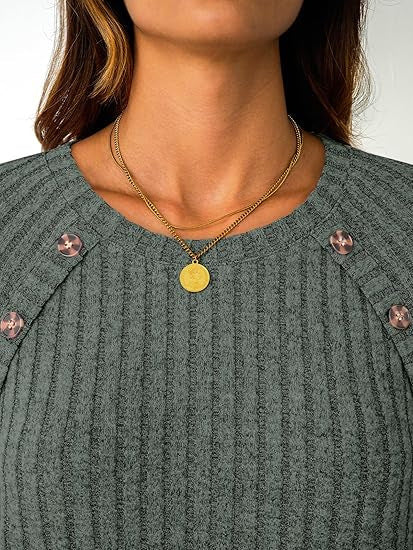 Damen Gerippter Rundhals-Pullover mit dekorativen Schulterknöpfen Drune