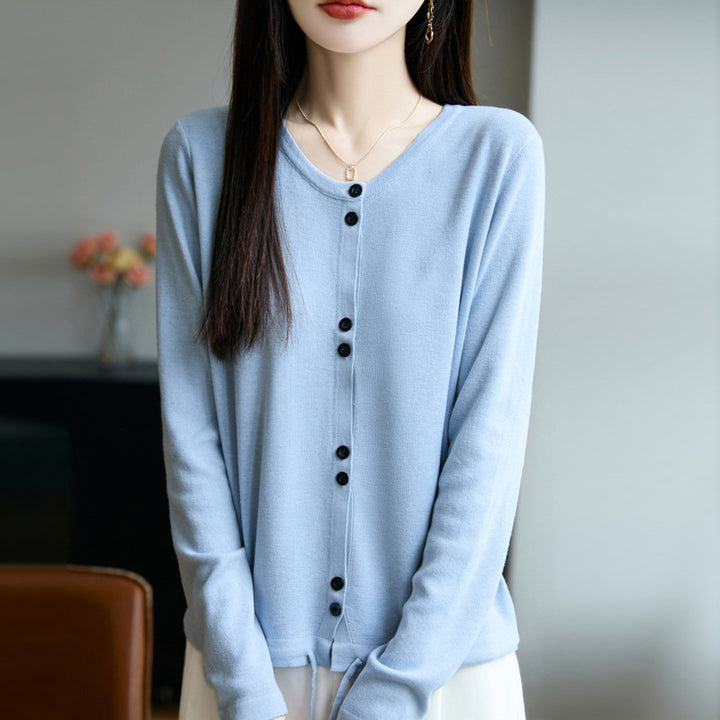 Damen Leichter Feinstrick-Knopfleisten-Cardigan mit Rundhalsausschnitt Drune