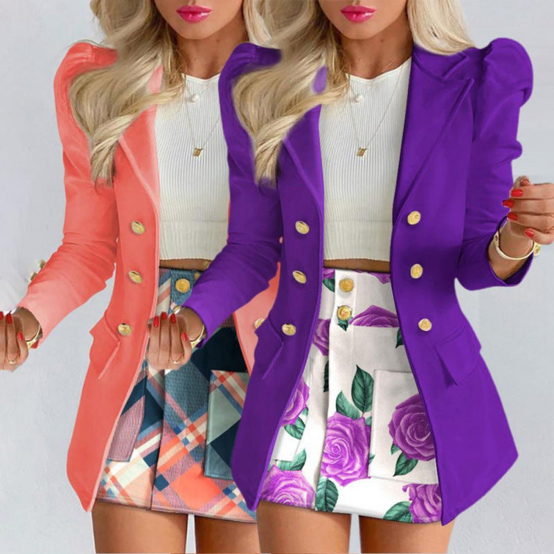 Damen eleganter Blazer mit gebauschten Ärmeln und goldenen Knopfdetails Drune