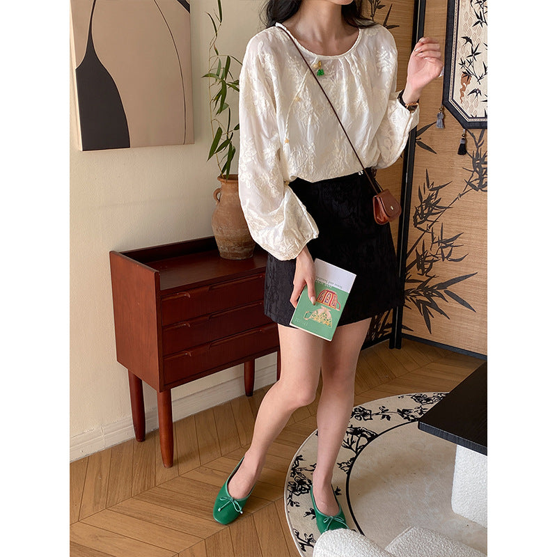 Damen elegante Bluse mit Puffärmeln und raffiniertem Stoff Drune