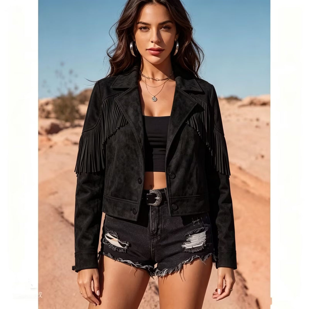 Damen Kurze Wildlederoptik-Fransenjacke im Cropped-Boxy-Schnitt Drune