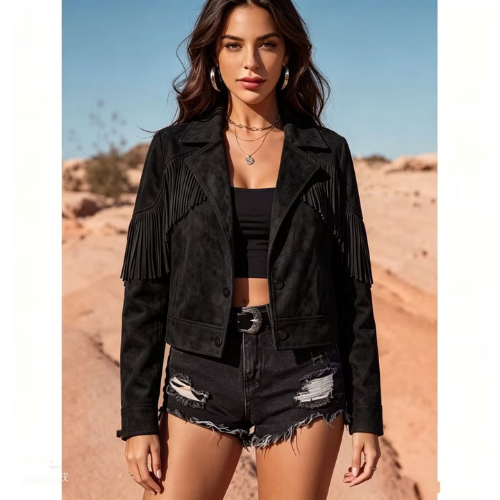 Damen Kurze Wildlederoptik-Fransenjacke im Cropped-Boxy-Schnitt Drune