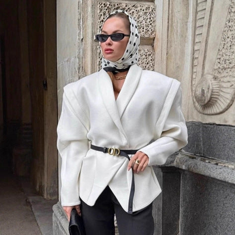 Damen Modischer Oversized-Wollmantel mit tailliertem Design und Gürtel Drune