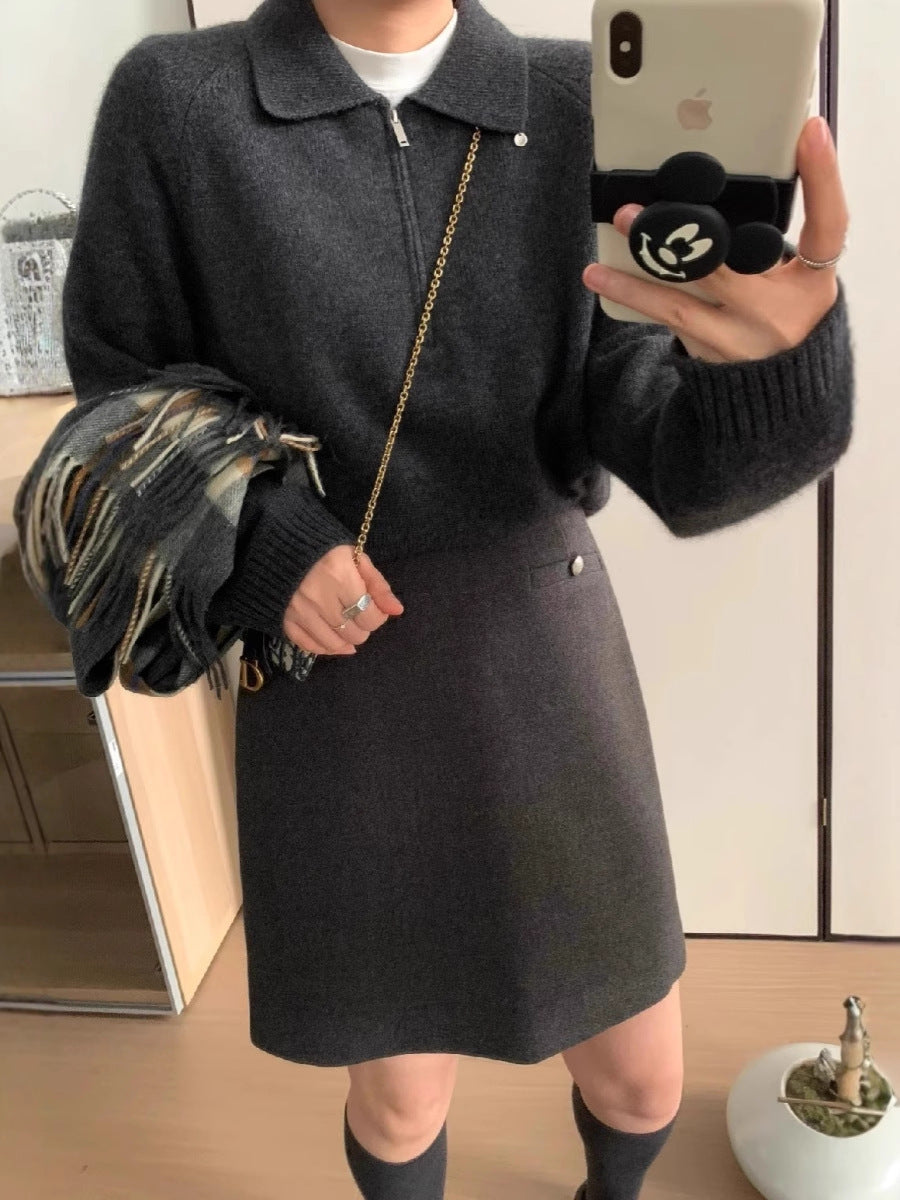 Damen Kurzzip-Polo-Pullover aus flauschigem Wollmix mit kastiger Silhouette Drune