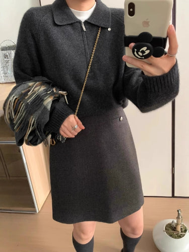 Damen Kurzzip-Polo-Pullover aus flauschigem Wollmix mit kastiger Silhouette Drune