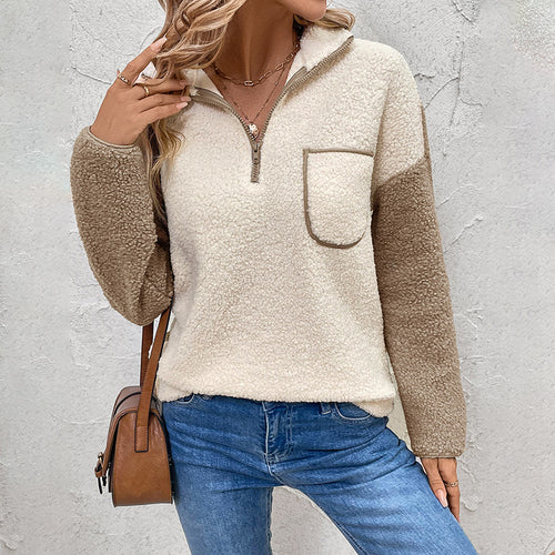 Damen Fleece Pullover mit Stehkragen und Brusttasche Drune