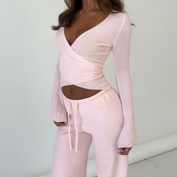 Damen nan Wickel-Cropped-Top mit tiefem V‑Ausschnitt, taillierter Wickelform und langen Glockenärmeln Drune