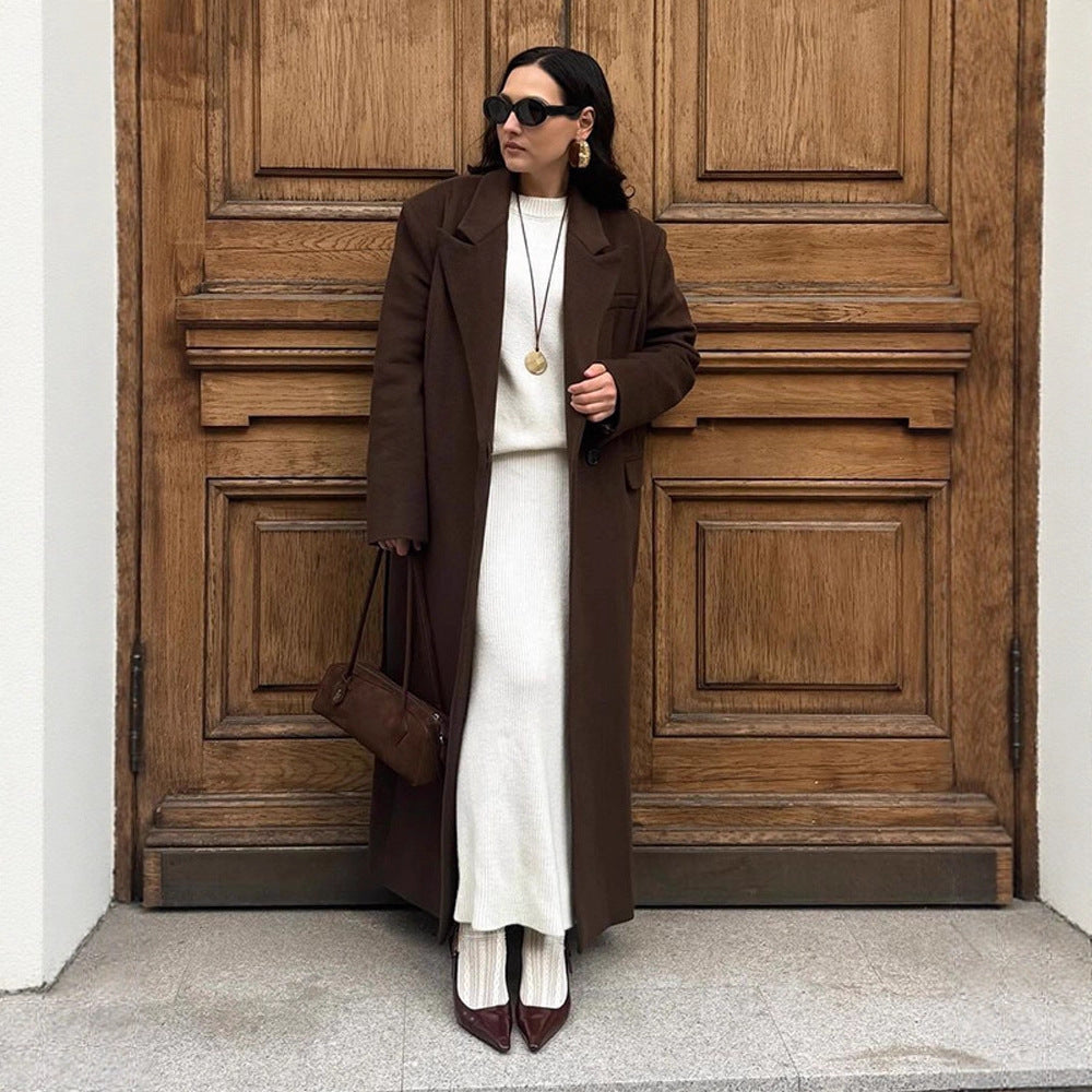 Damen Langmantel mit geradem Schnitt, kaschierendem Oversize-Revers und Eingrifftaschen Drune