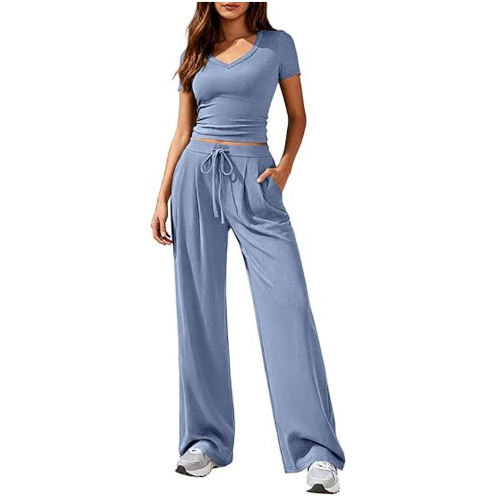 Damen Lässiges Lounge-Set mit tailliertem V-Ausschnitt bauchfreiem Top und weitem Kordelbund-Hose Drune