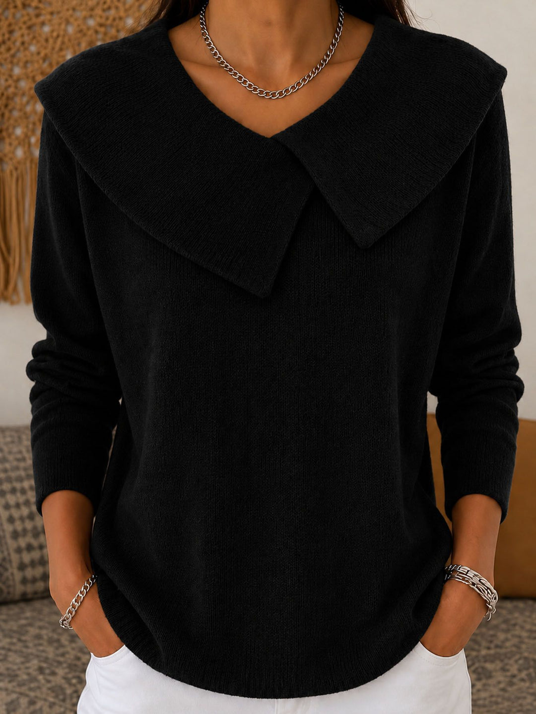 Damen Grobgestrickter Strickpullover mit übergroßem Matrosenkragen Drune