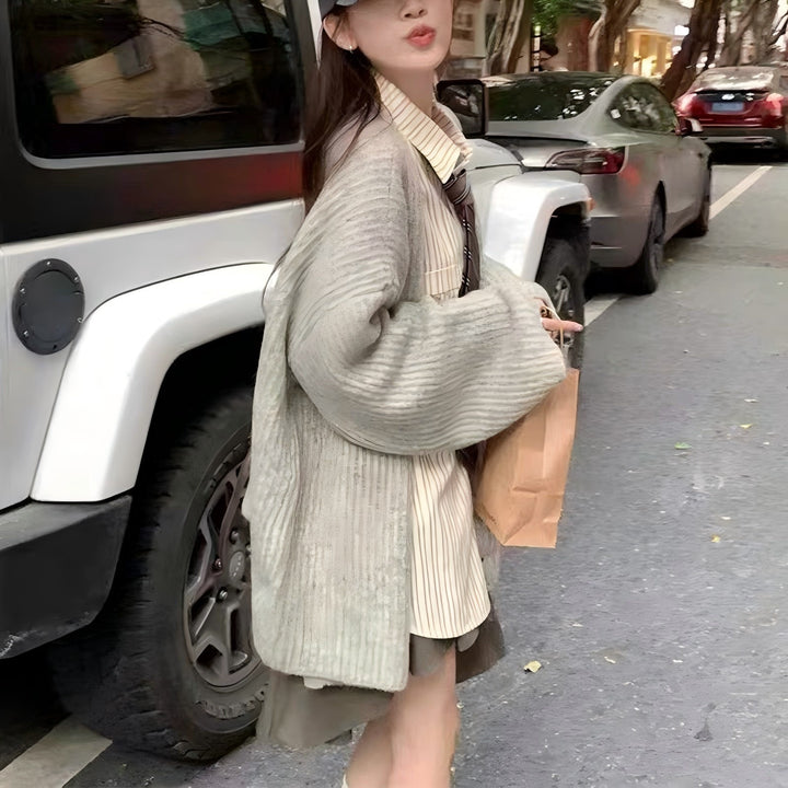 Damen gemütliche Strickjacke mit Knopfverschluss und V-Ausschnitt Drune