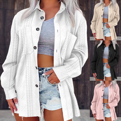 Damen Oversize Strick‑Hemdjacke mit Zopfstrick, Brusttasche und Knopfleiste Drune