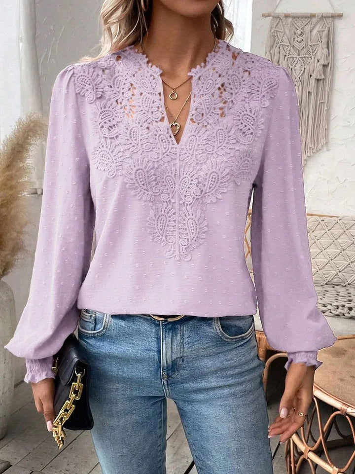 Damen nan Spitzenapplikation V-Ausschnitt Bluse mit Strukturpunkt, gerafften Manschetten und leicht taillierter Silhouette Drune