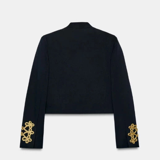 Damen Taillierter Cropped Militärblazer mit Stehkragen und goldverzierten Epauletten Drune
