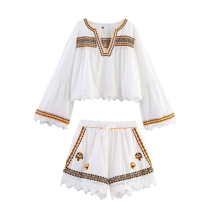 Damen Bestickte Boho-Bluse mit weiten Glockenärmeln und Spitzensaum Drune