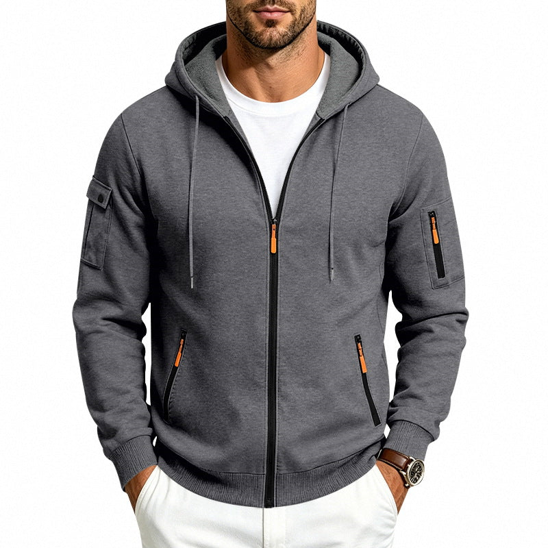 Herren Kapuzen-Reißverschlussjacke mit Ärmeltaschen, Kontrast-Zipper und Rippbündchen Drune
