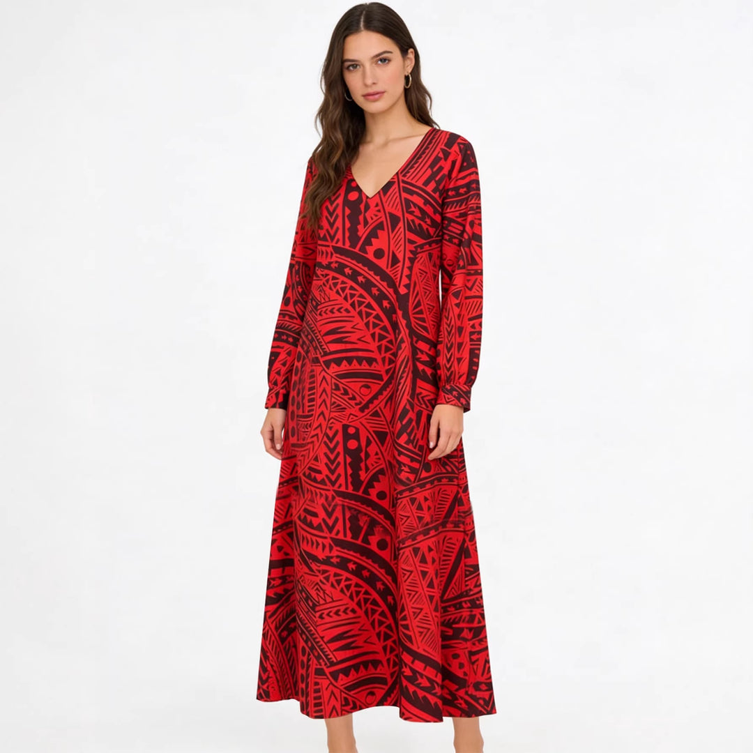 Damen Fließendes Maxikleid mit V-Ausschnitt, allover-geometrischem Print und weiter A-Linie Drune