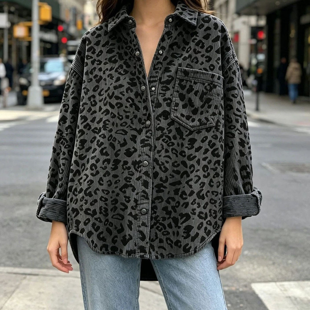 Damen Oversize Cord-Hemdenjacke mit Leopardenmuster und Druckknöpfen Drune