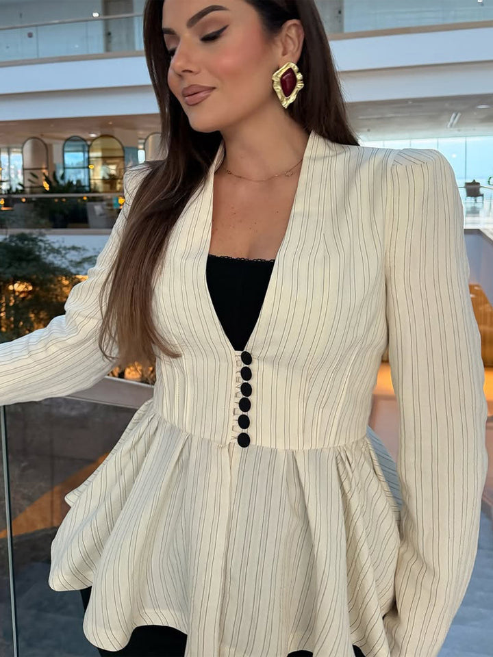 Damen Taillierter Peplum‑Blazer mit V‑Ausschnitt und dekorativer Knopfleiste Drune
