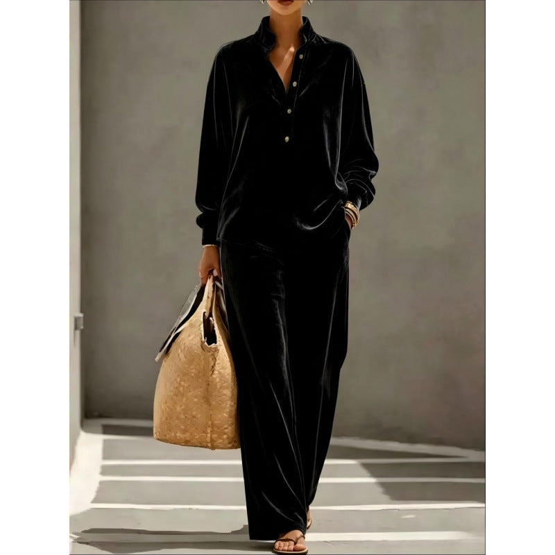 Damen Velours-Loungewear-Set mit Stehkragen-Henleytop und weiter Palazzohose Drune