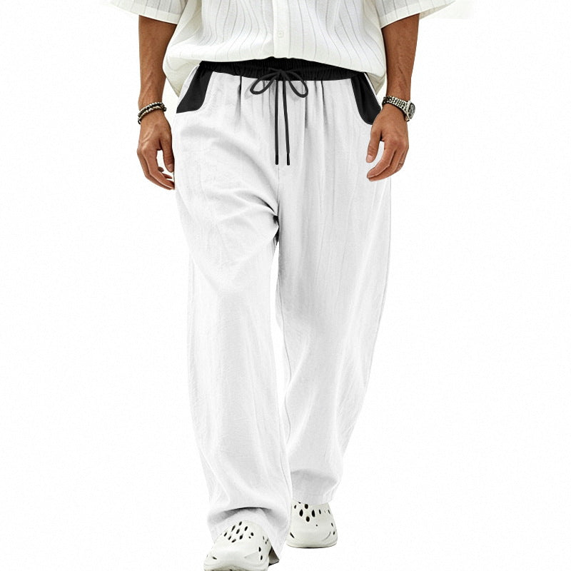 Herren Locker sitzende Leinen-Mischstoff Freizeithose mit Elastischem Tunnelzug und Seitentaschen Drune