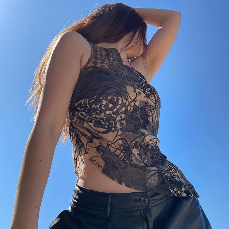 Damen Transparentes Spitzenoberteil mit floralem Muster und asymmetrischem Saum Drune