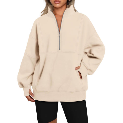 Damen Oversize-Sweatshirt mit halbem Reißverschluss, Stehkragen und Kängurutasche Drune