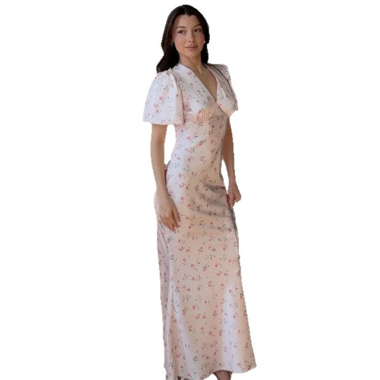 Damen Maxikleid mit floraler Satinoptik, taillierter Silhouette und kurzen Puffärmeln Drune