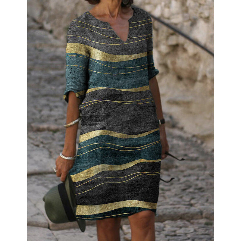 Damen Sommerliches Leinenkleid mit modernem Muster Drune