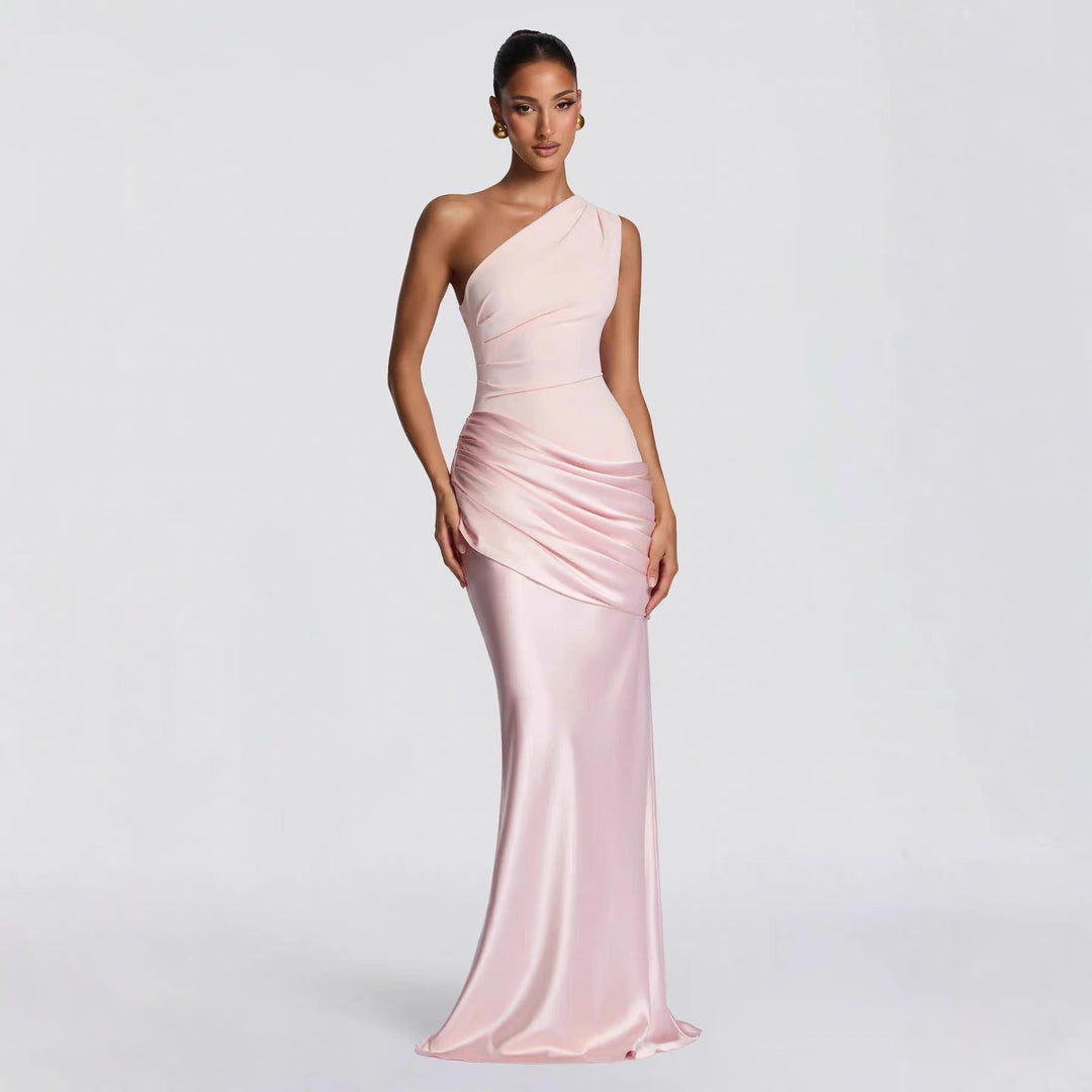 Damen elegantes asymmetrisches Satin-Abendkleid mit Drapé-Design Drune