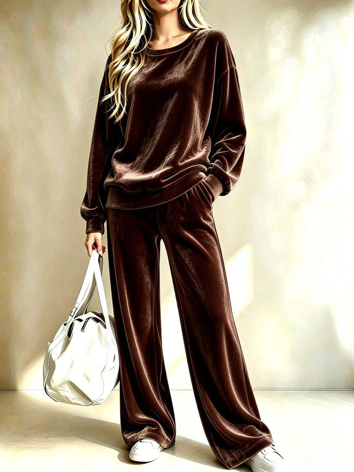 Damen Weiches Velours-Loungewear-Set mit weitem Bein und Rundhalsausschnitt Drune
