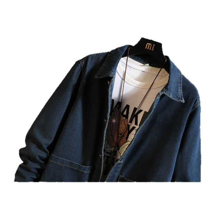 Herren nan langer Overshirt Mantel aus Denim mit Druckknopfleiste und aufgesetzten Taschen Drune