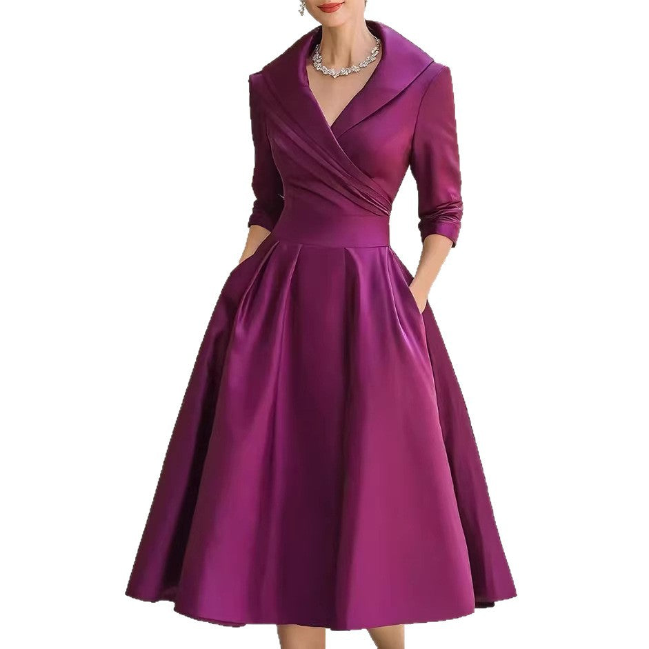 Damen nan elegantes Midikleid mit Wickeloberteil, Dreiviertelärmeln und Eingrifftaschen Drune