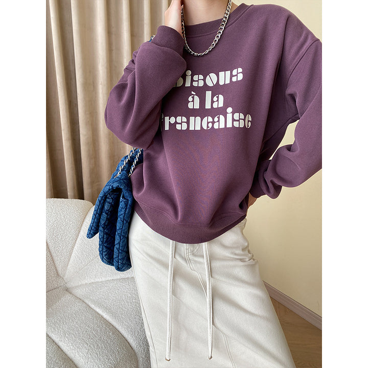 Damen lässiges Sweatshirt mit kreativem Schriftzug und innovativem Schnitt Drune