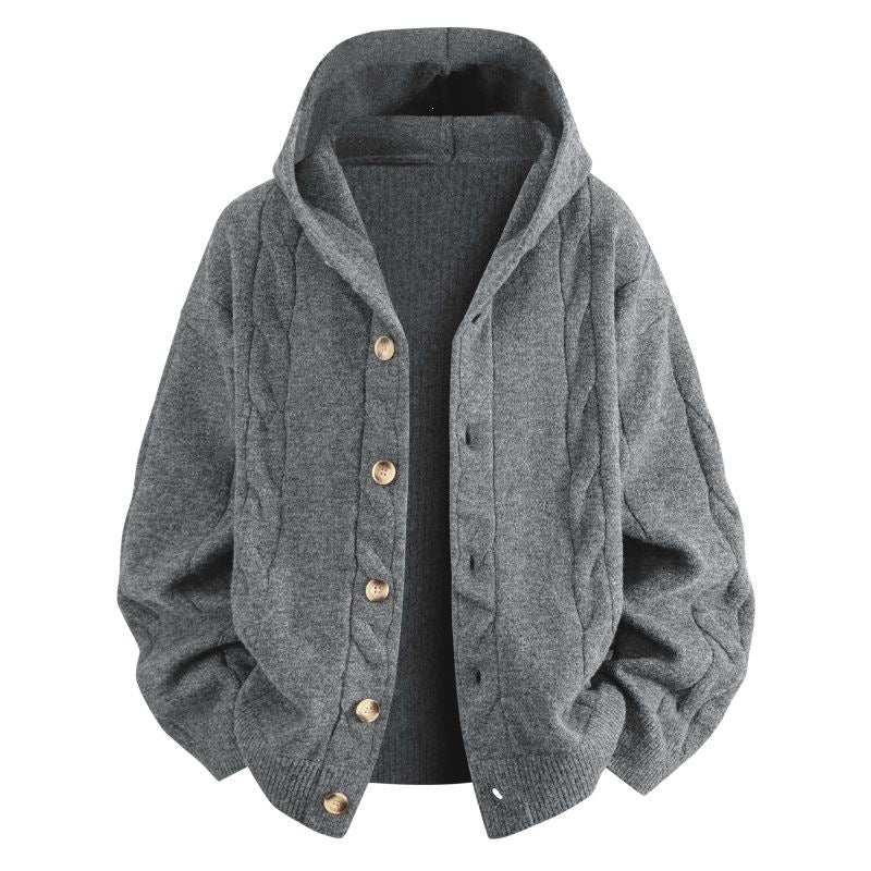 Damen Oversize-Kapuzen-Strickjacke mit Zopfmuster & Knopfleiste Drune