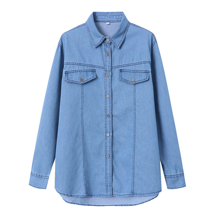Damen lässige Denim-Hemdjacke mit aufgesetzten Taschen Drune