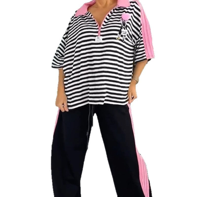 Damen nan lässiges zweiteiliges Polo-Lounge-Set mit Oversize-Streifen, Pompom-Applikation und kontrastierenden Seitenbahnen Drune