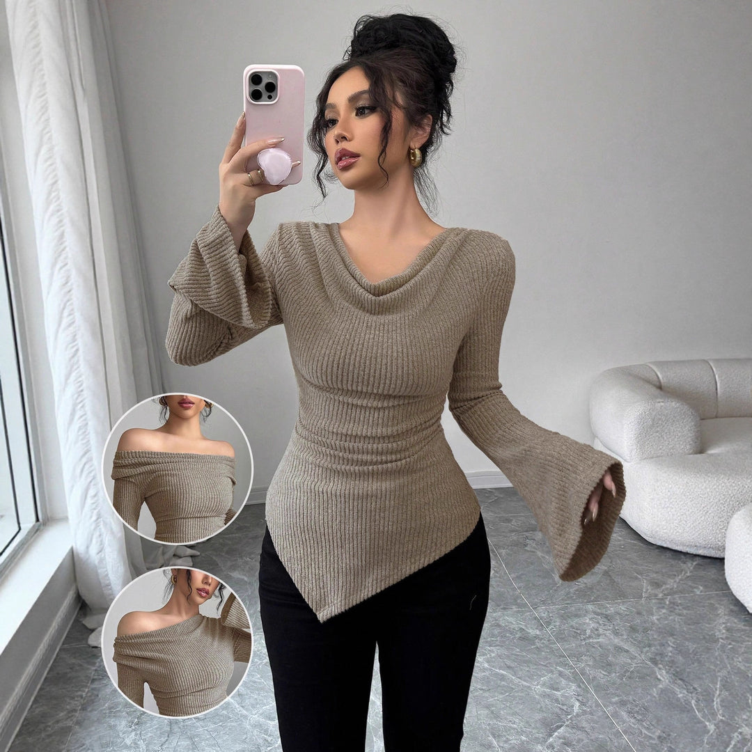 Damen Langarm Shirt mit Rippstruktur und weitem Ärmel Drune