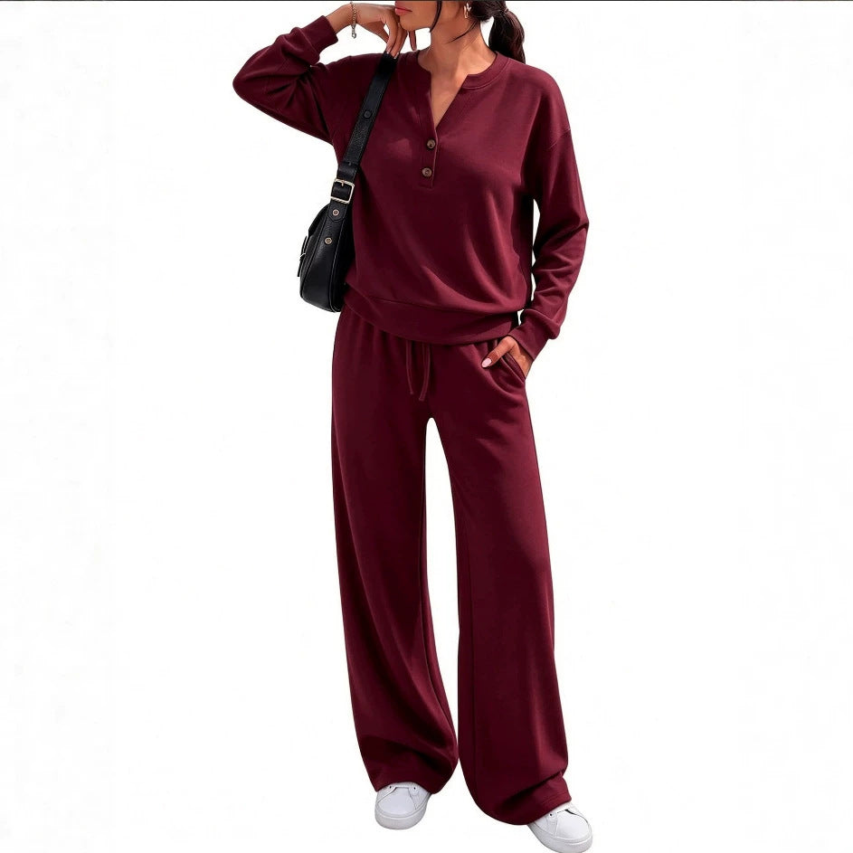 Damen Lounge-Set mit Henley-Kragen und palazzoweiter Jogginghose Drune