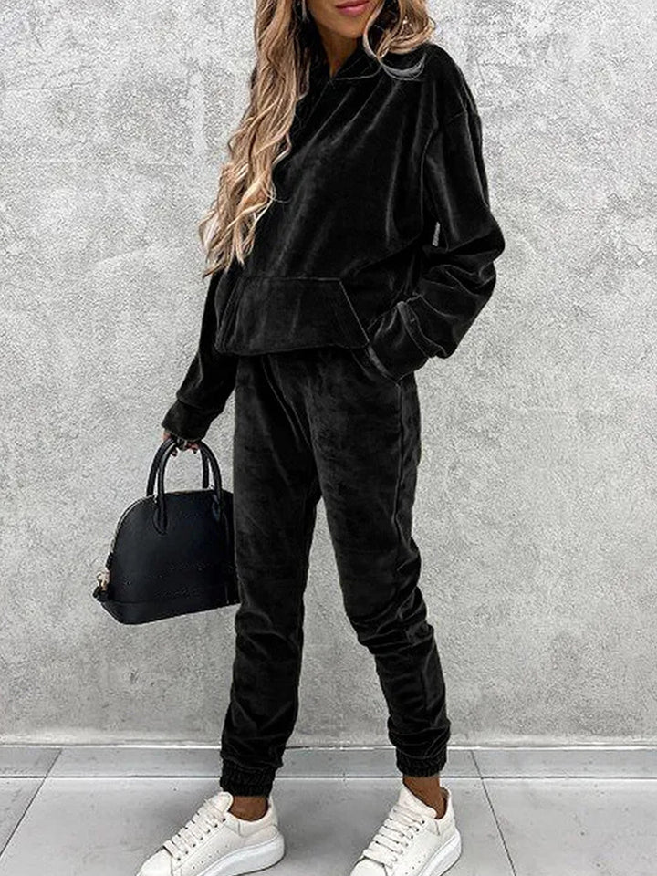 Damen kuscheliger Velours-Jogginganzug mit Kapuze und elastischem Bund Drune