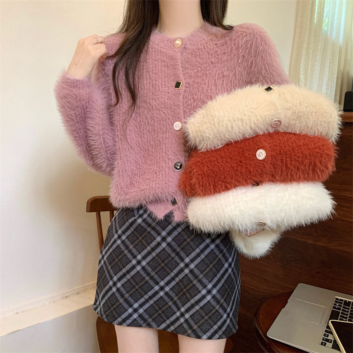 Damen kuschelige Strickjacke mit Knöpfen und weichem Fellstruktur Drune